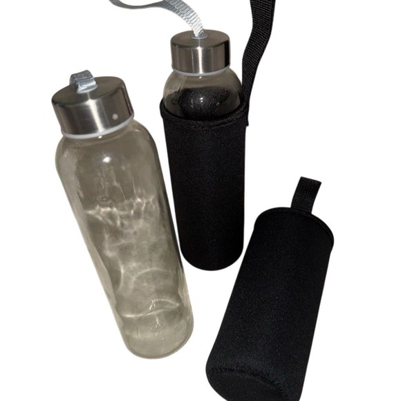 Gaone Glass‎ Water Bottles w/ Stainless Steel Lids & Neoprene Sleeves set of 2 - Picture 1 of 4